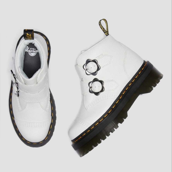 NIB DR. MARTENS Devon Flower Buckle White Leather Platform Boots Various Sizes - Picture 4 of 15